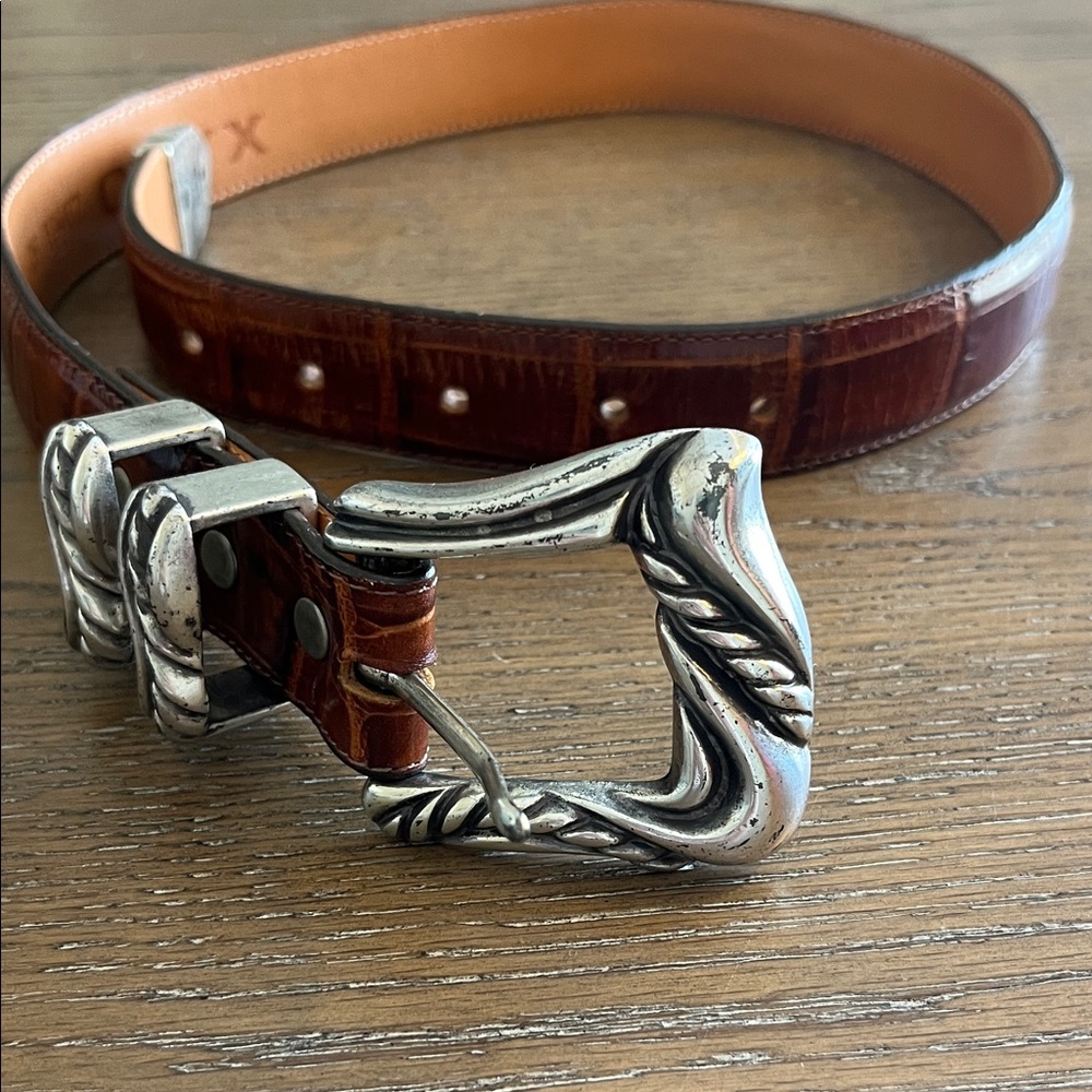 Vintage 1993 Onyx Brown Moc Croc Leather Belt with Silver Tone Hardware Size 26